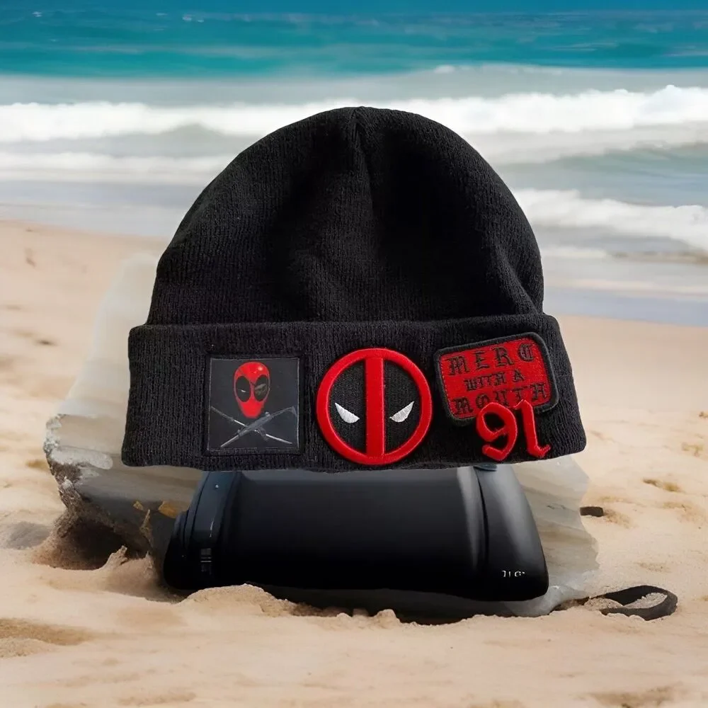 Marvel Deadpool Hat Toboggan Black Patches Acrylic RN#115665 Cap Ages 14 & Up